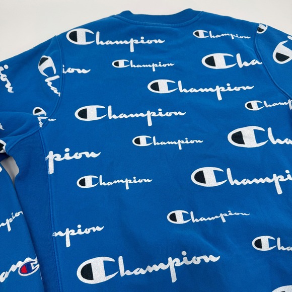 Champion Reverse Weave All Over Print Logo Crewneck Sweatshirt Blue Mens Small - Picture 8 of 9